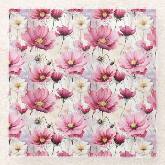 ピンクかわいらしと白のポピーのアネモネの花 ガラスコースター (正面)