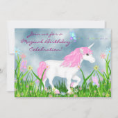 ピンクかわいらしと白のユニコーンマジカル誕生日 招待状 (正面)