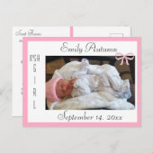 ピンクかわいらしと白の出産発表 ポストカード (正面/裏面)