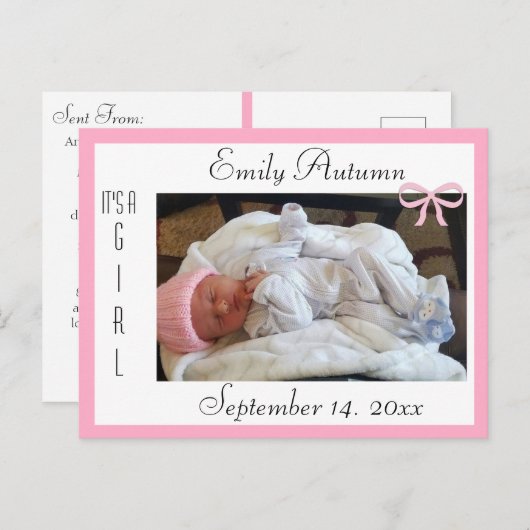 ピンクかわいらしと白の出産発表 ポストカード (正面/裏面)
