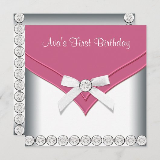 ピンクかわいらしと白の女の子の誕生日パーティー 招待状 (正面/裏面)