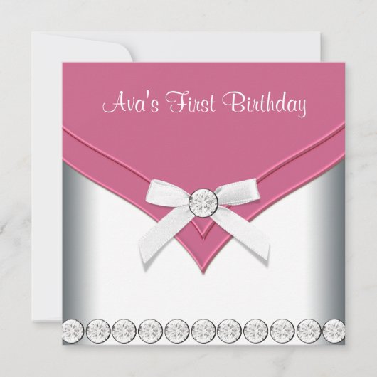 ピンクかわいらしと白の女の子の誕生日パーティー 招待状 (正面)