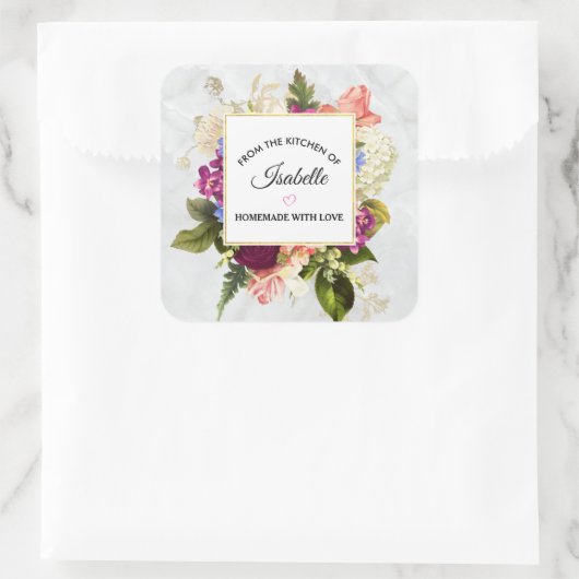 ピンクかわいらしと白の水色の花のキッチン スクエアシール (バッグ)