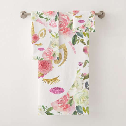 ピンクかわいらしと白の花虹ユニコーン バスタオルセット (インサイチュ)