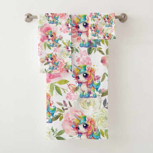 ピンクかわいらしと白の花虹ユニコーン バスタオルセット (インサイチュ)