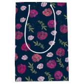 ピンクかわいらしと紫のフローラバラ葉ブルー ミディアムペーパーバッグ (正面)