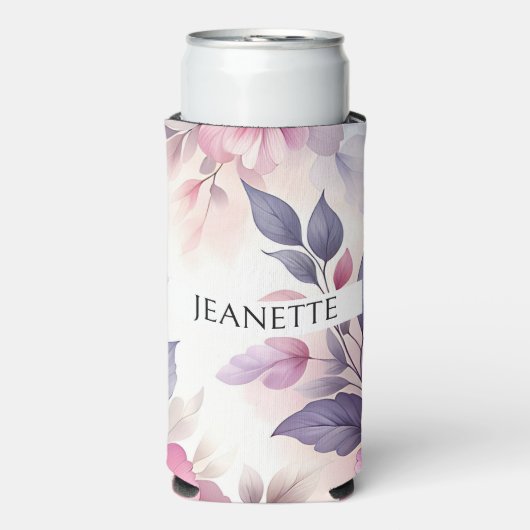 ピンクかわいらしと紫のフローラパーソナライズされた スリム缶クーラー (Seltzer正面)