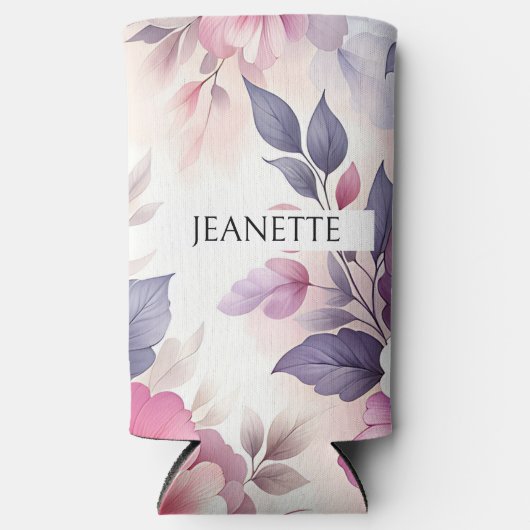 ピンクかわいらしと紫のフローラパーソナライズされた スリム缶クーラー (正面)