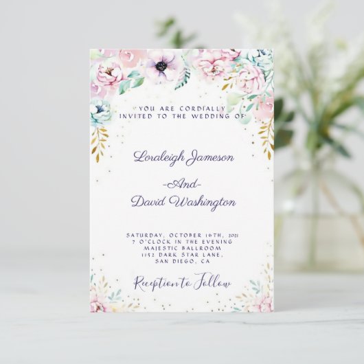 ピンクかわいらしと紫のフローラ結婚式招待状 招待状 (スタンド正面)