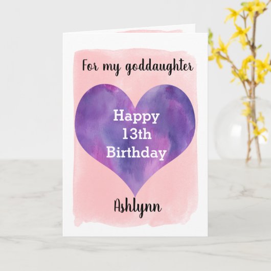 ピンクかわいらしと紫の女神13歳の誕生日 カード (黄色い花)