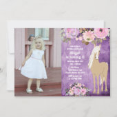 ピンクかわいらしと紫の花写真馬誕生日 招待状 (正面)