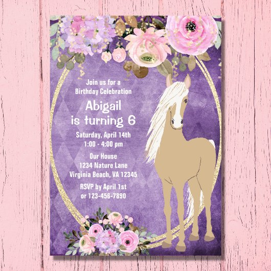 ピンクかわいらしと紫の花写真馬誕生日 招待状