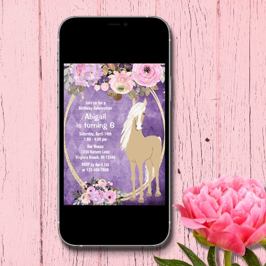 ピンクかわいらしと紫の花写真馬誕生日 招待状