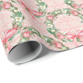 ピンクかわいらしと緑のクリスマスリース ラッピングペーパー (ロールコーナー)