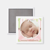 ピンクかわいらしと緑のストライプ誕生写真 マグネット (正面/裏面)