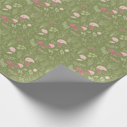 ピンクかわいらしと緑の鳥と葉の子供 ラッピングペーパー (角)
