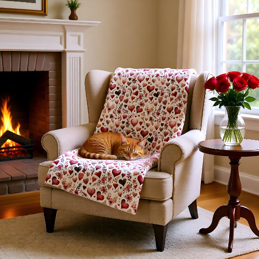 ピンクかわいらしと赤いハートのバレンタインデー フリースブランケット