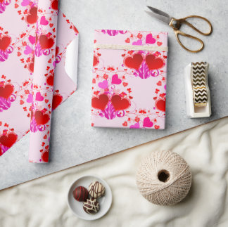 ピンクかわいらしと赤いハートのバレンタインデー ラッピングペーパー