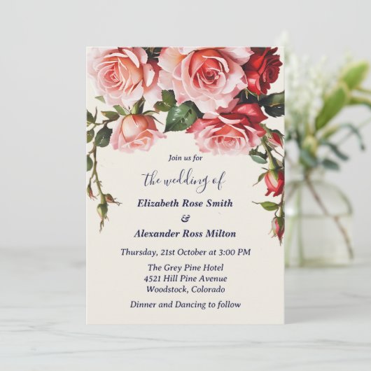 ピンクかわいらしと赤のバラ結婚式招待状 招待状 (スタンド正面)