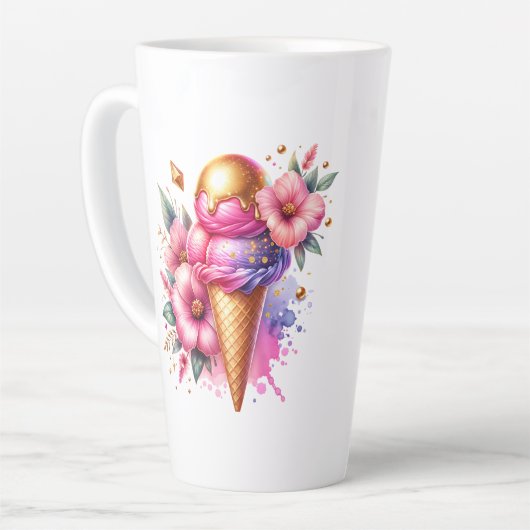 ピンクかわいらしと金ゴールドのアイスクリームコーンパーソナライズされた カフェラテマグ (左アングル)