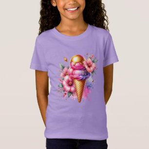 ピンクかわいらしと金ゴールドのアイスクリームコーンフローラ Tシャツ