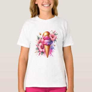 ピンクかわいらしと金ゴールドのアイスクリームコーンフローラ Tシャツ