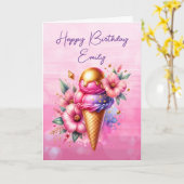 ピンクかわいらしと金ゴールドのアイスクリームコーン誕生日 カード (黄色い花)