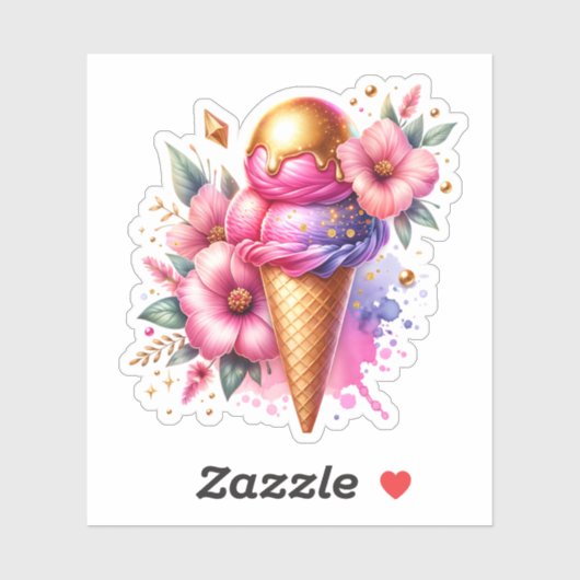 ピンクかわいらしと金ゴールドのアイスクリームコーン誕生日 シール (シート)