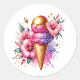 ピンクかわいらしと金ゴールドのアイスクリームコーン誕生日 ラウンドシール