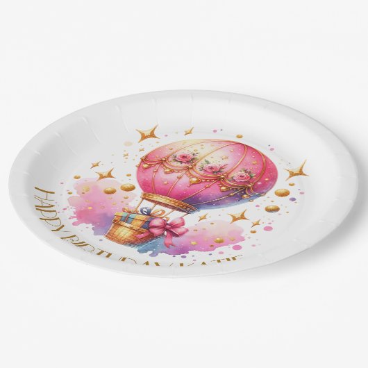 ピンクかわいらしと金ゴールドの熱気球パーソナライズされた ペーパープレート (アングル)