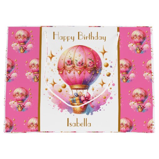 ピンクかわいらしと金ゴールドの熱気球パーソナライズされた ラージペーパーバッグ (正面)