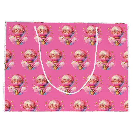 ピンクかわいらしと金ゴールドの熱気球パーソナライズされた ラージペーパーバッグ (裏面)