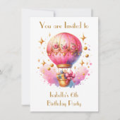 ピンクかわいらしと金ゴールドの熱気球誕生日 招待状 (正面)