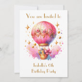 ピンクかわいらしと金ゴールドの熱気球誕生日 招待状 (正面)