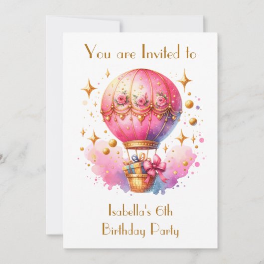 ピンクかわいらしと金ゴールドの熱気球誕生日 招待状 (正面)