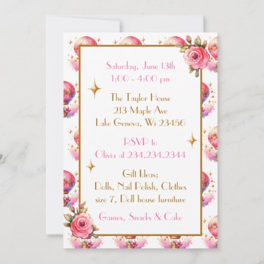 ピンクかわいらしと金ゴールドの熱気球誕生日 招待状 (裏面)