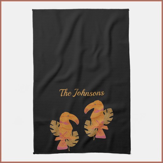 ピンクかわいらしと金ゴールドグリッター熱帯トゥーカンバード キッチンタオル