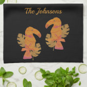 ピンクかわいらしと金ゴールドグリッター熱帯トゥーカンバード キッチンタオル (折り畳み)