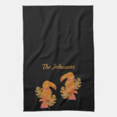 ピンクかわいらしと金ゴールドグリッター熱帯トゥーカンバード キッチンタオル (縦)