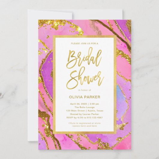 ピンクかわいらしと金ゴールドグード | ブライダルシャワー 招待状 (正面)