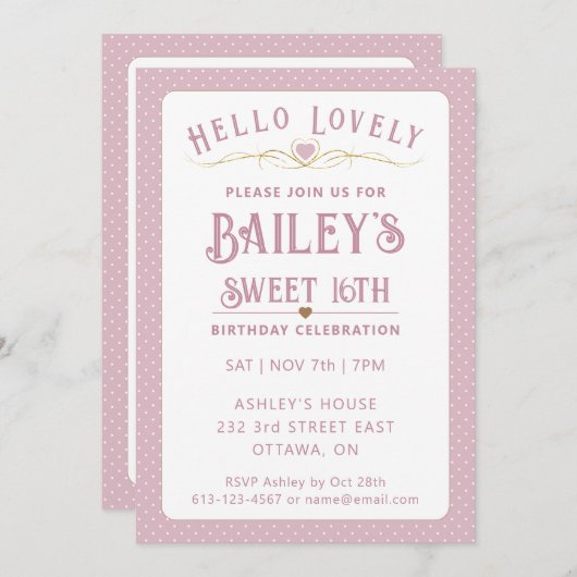 ピンクかわいらしと金ゴールドスウィート16誕生日 招待状 (正面/裏面)