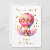 ピンクかわいらしと金ゴールドホットエアバルーン赤ちゃんシャワー 招待状 (正面)