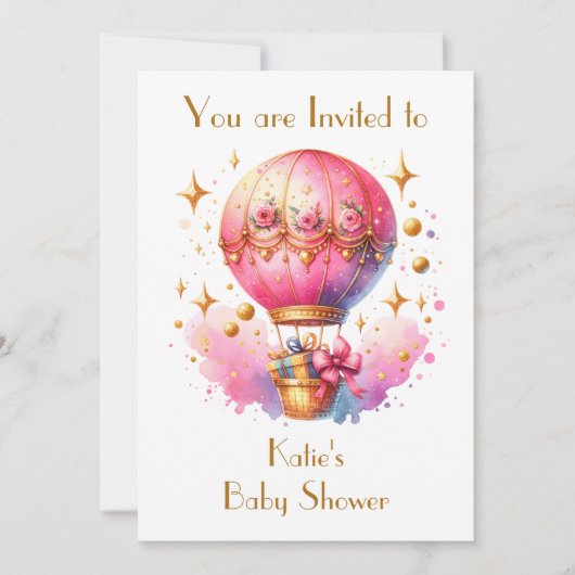 ピンクかわいらしと金ゴールドホットエアバルーン赤ちゃんシャワー 招待状 (正面)
