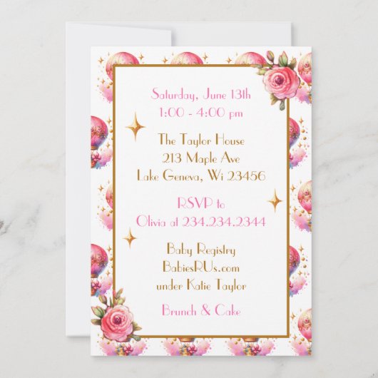 ピンクかわいらしと金ゴールドホットエアバルーン赤ちゃんシャワー 招待状 (裏面)