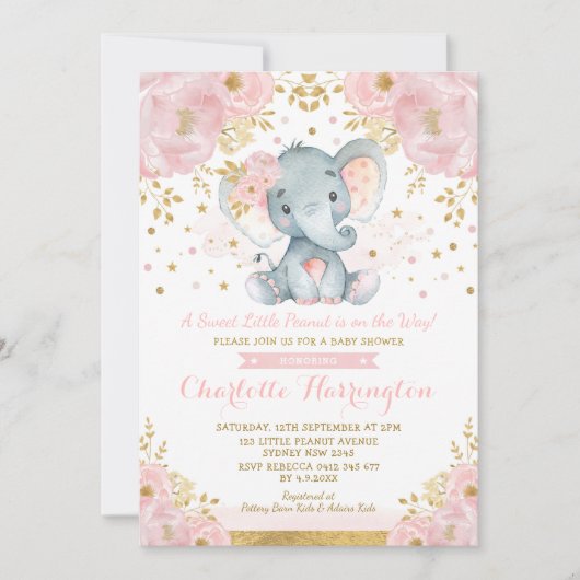 ピンクかわいらしと金ゴールド象の赤ちゃんシャワー 招待状 (正面)