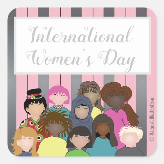 ピンクかわいらしと銀国際的色の女性の日 スクエアシール (正面)