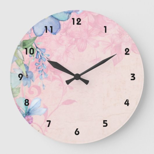 ピンクかわいらしと青のフローラ背景 ラージ壁時計 (正面)
