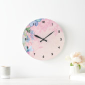 ピンクかわいらしと青のフローラ背景 ラージ壁時計 (ホーム)