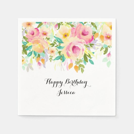 ピンクかわいらしと黄色の水色フローラ スタンダードカクテルナプキン (正面)