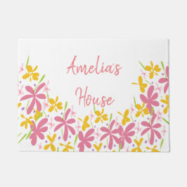 ピンクかわいらしと黄色の野花 ドアマット